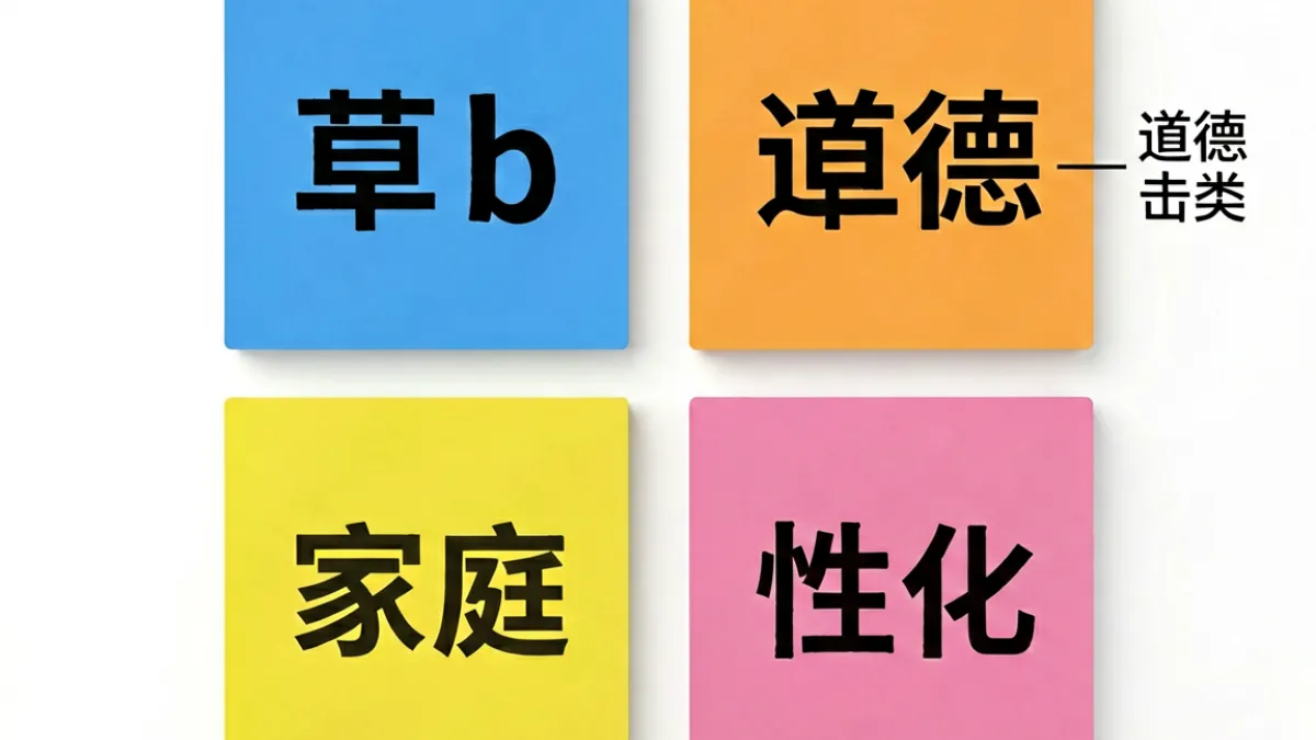 语言学视角下骂词分类示意图，草b归属于性化攻击类别，与智力类道德类家庭类形成对比