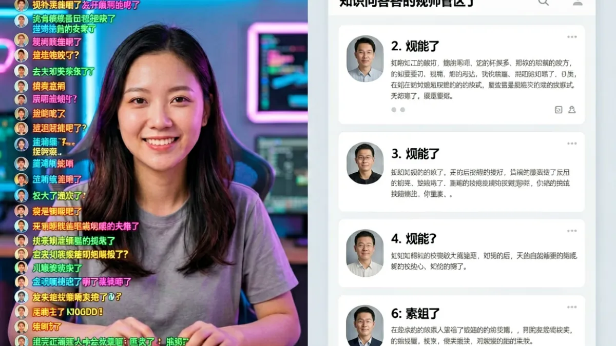 一张对比不同内容平台风格的示意图，左边是游戏直播的热闹弹幕界面，右边是知识问答社区的严肃讨论界面，两者形成鲜明对比